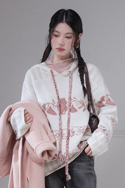 Pink Fair Isle Hollow-Out Hooded Pullover Sweater