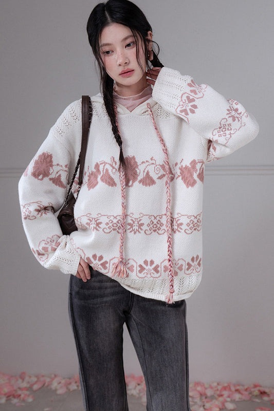 Pink Fair Isle Hollow-Out Hooded Pullover Sweater