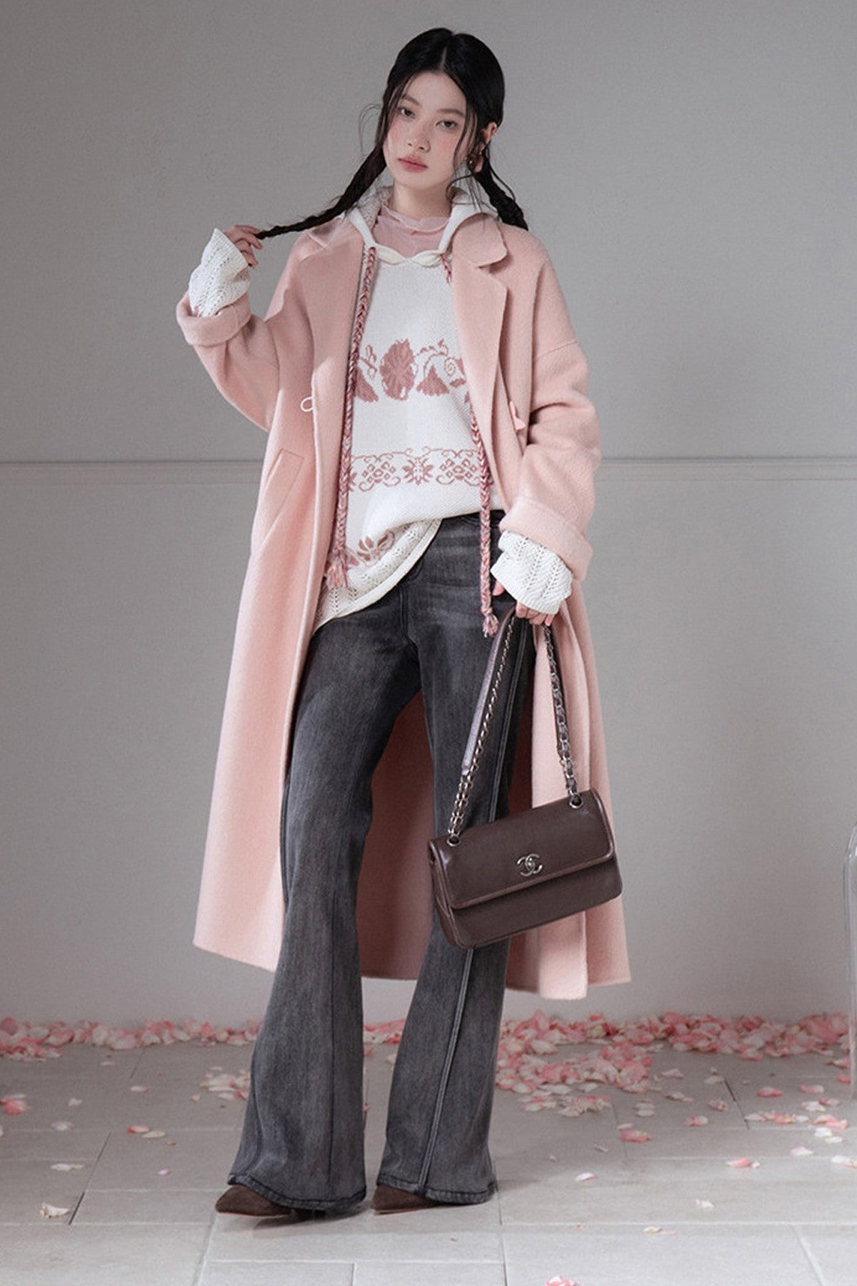 Pink Fair Isle Hollow-Out Hooded Pullover Sweater