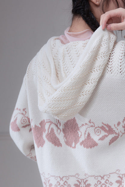 Pink Fair Isle Hollow-Out Hooded Pullover Sweater