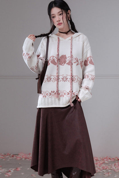 Pink Fair Isle Hollow-Out Hooded Pullover Sweater