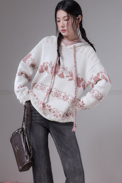 Pink Fair Isle Hollow-Out Hooded Pullover Sweater