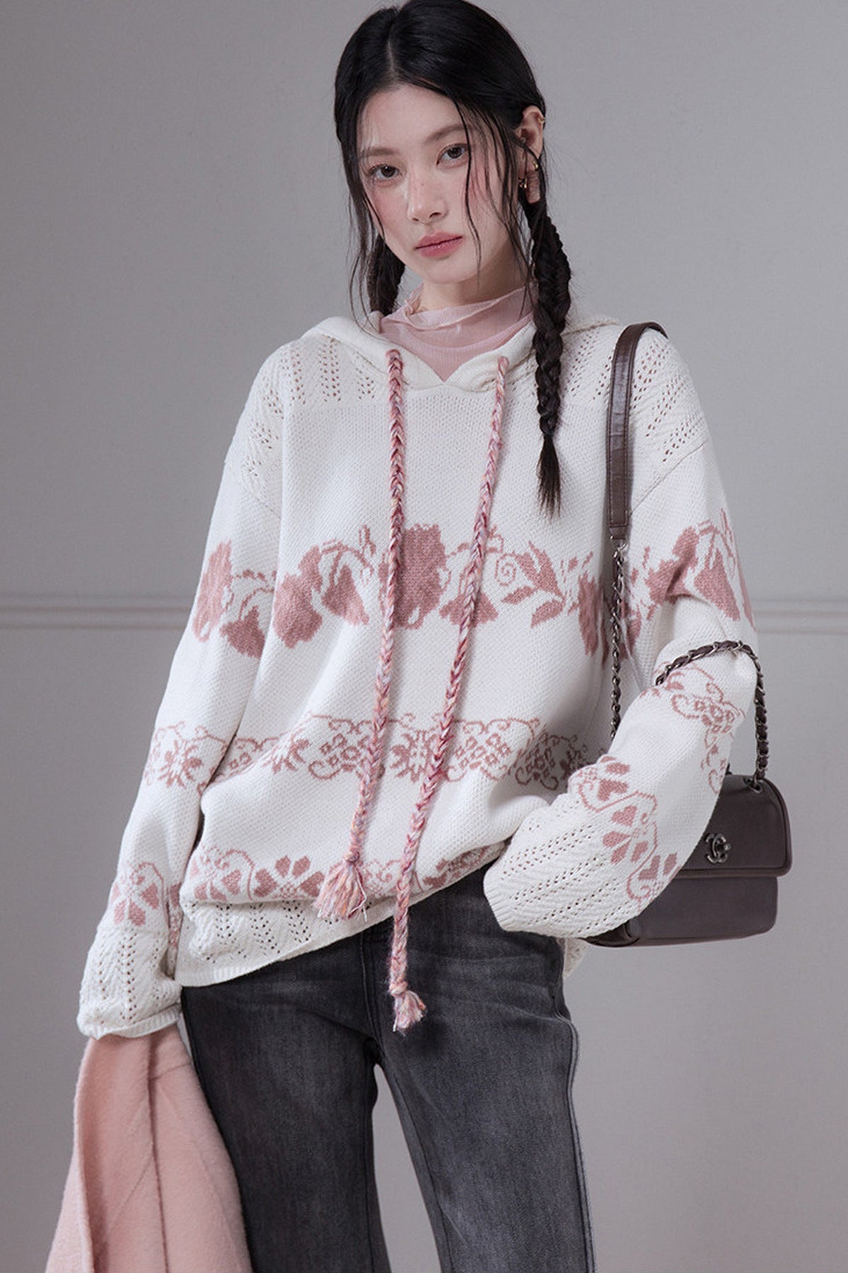 Pink Fair Isle Hollow-Out Hooded Pullover Sweater