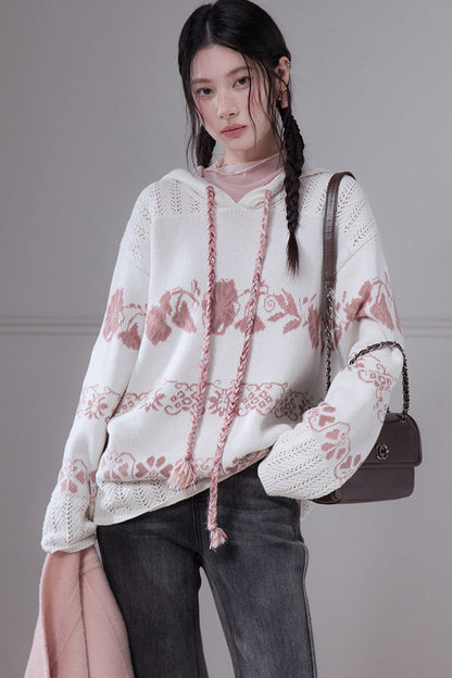 Pink Fair Isle Hollow-Out Hooded Pullover Sweater