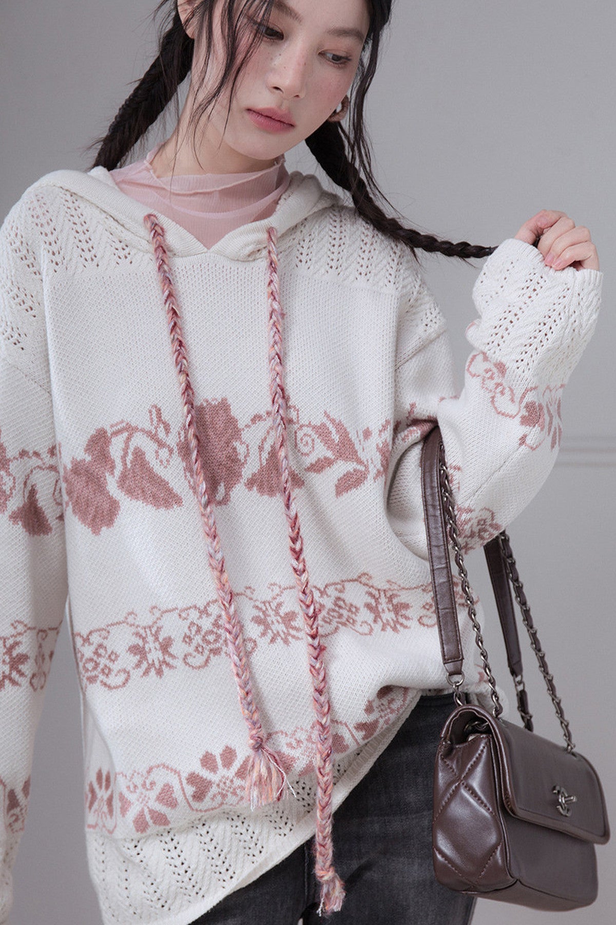 Pink Fair Isle Hollow-Out Hooded Pullover Sweater