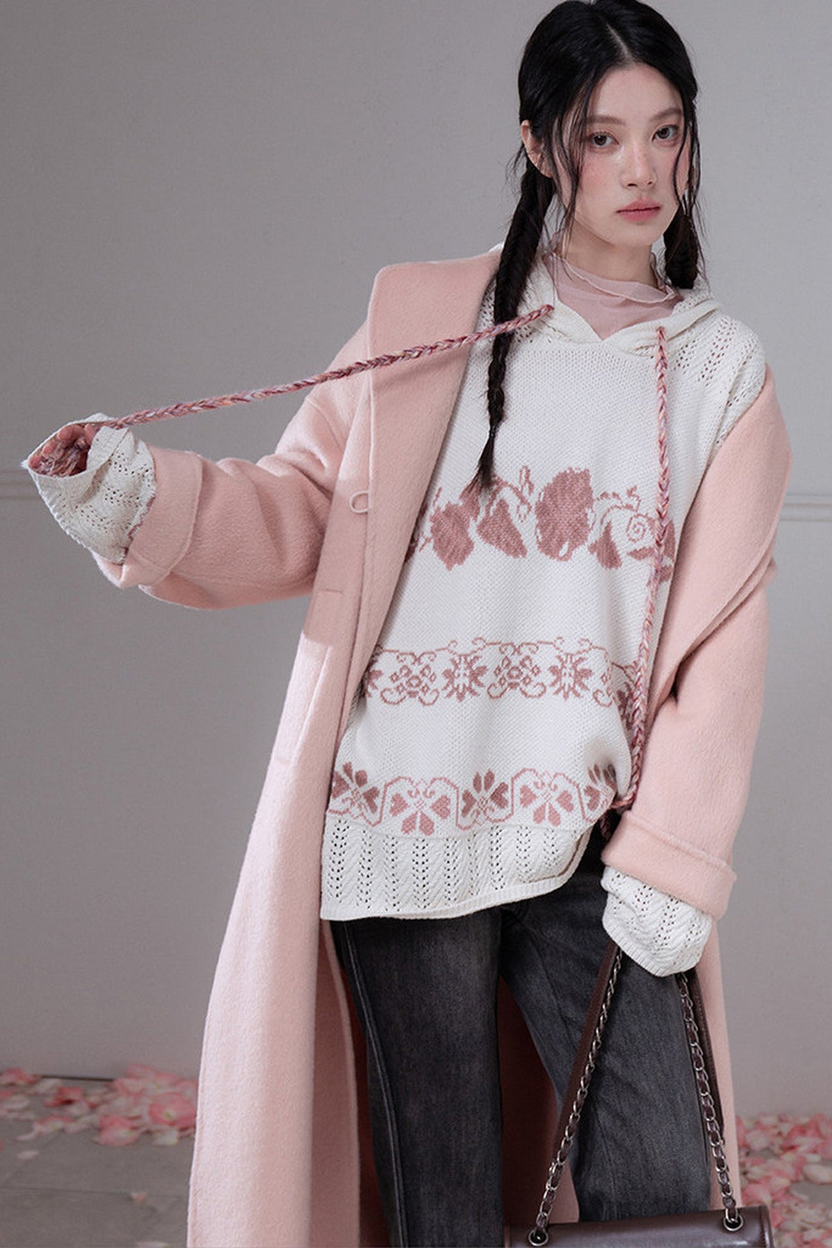 Pink Fair Isle Hollow-Out Hooded Pullover Sweater