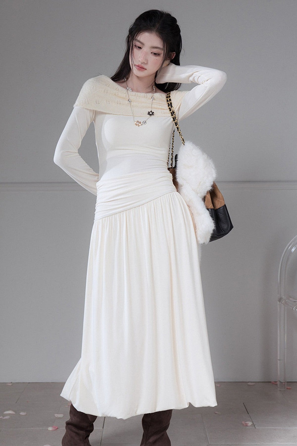 Apricot Off-The-Shoulder Knit Dress