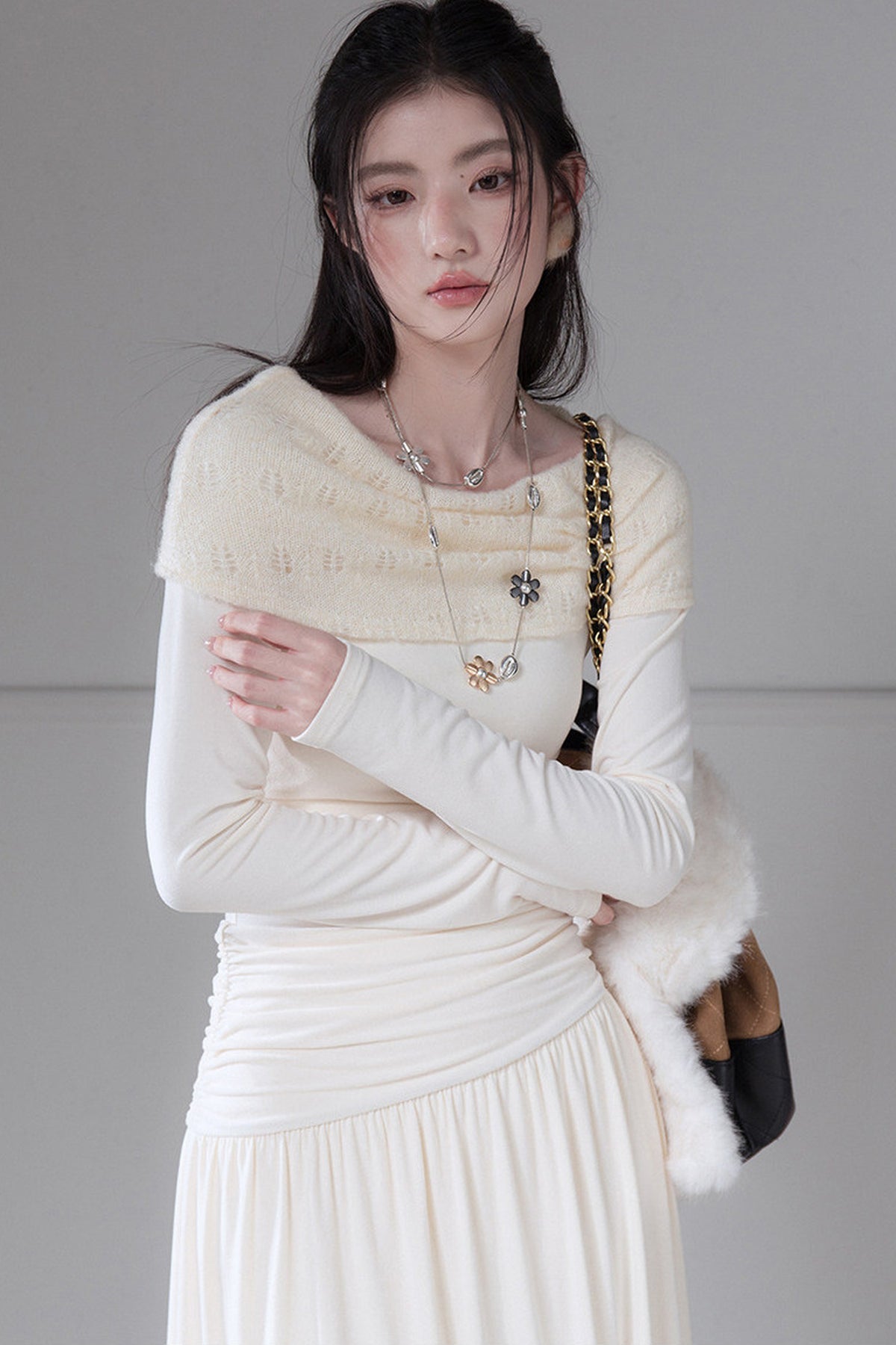 Apricot Off-The-Shoulder Knit Dress