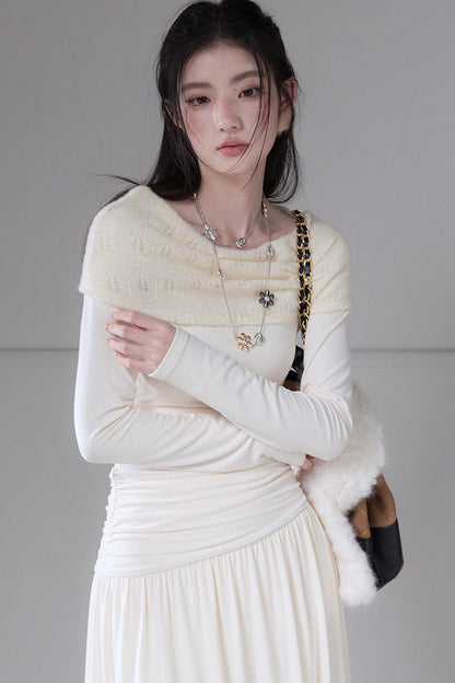 Apricot Off-The-Shoulder Knit Dress