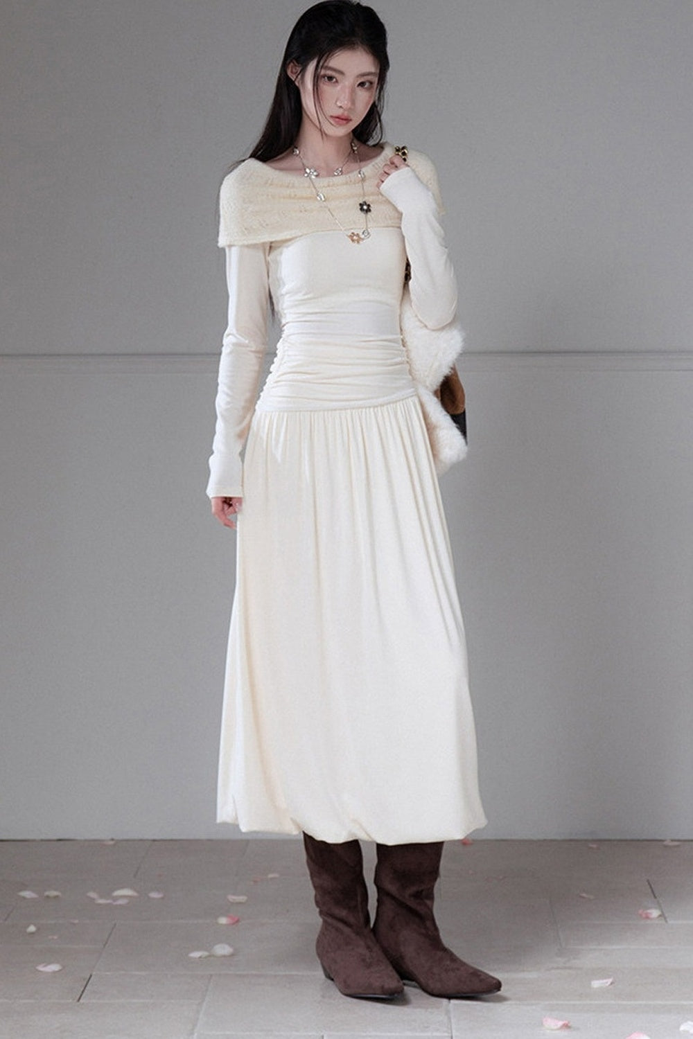 Apricot Off-The-Shoulder Knit Dress