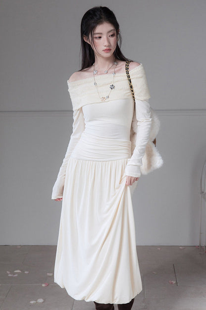 Apricot Off-The-Shoulder Knit Dress