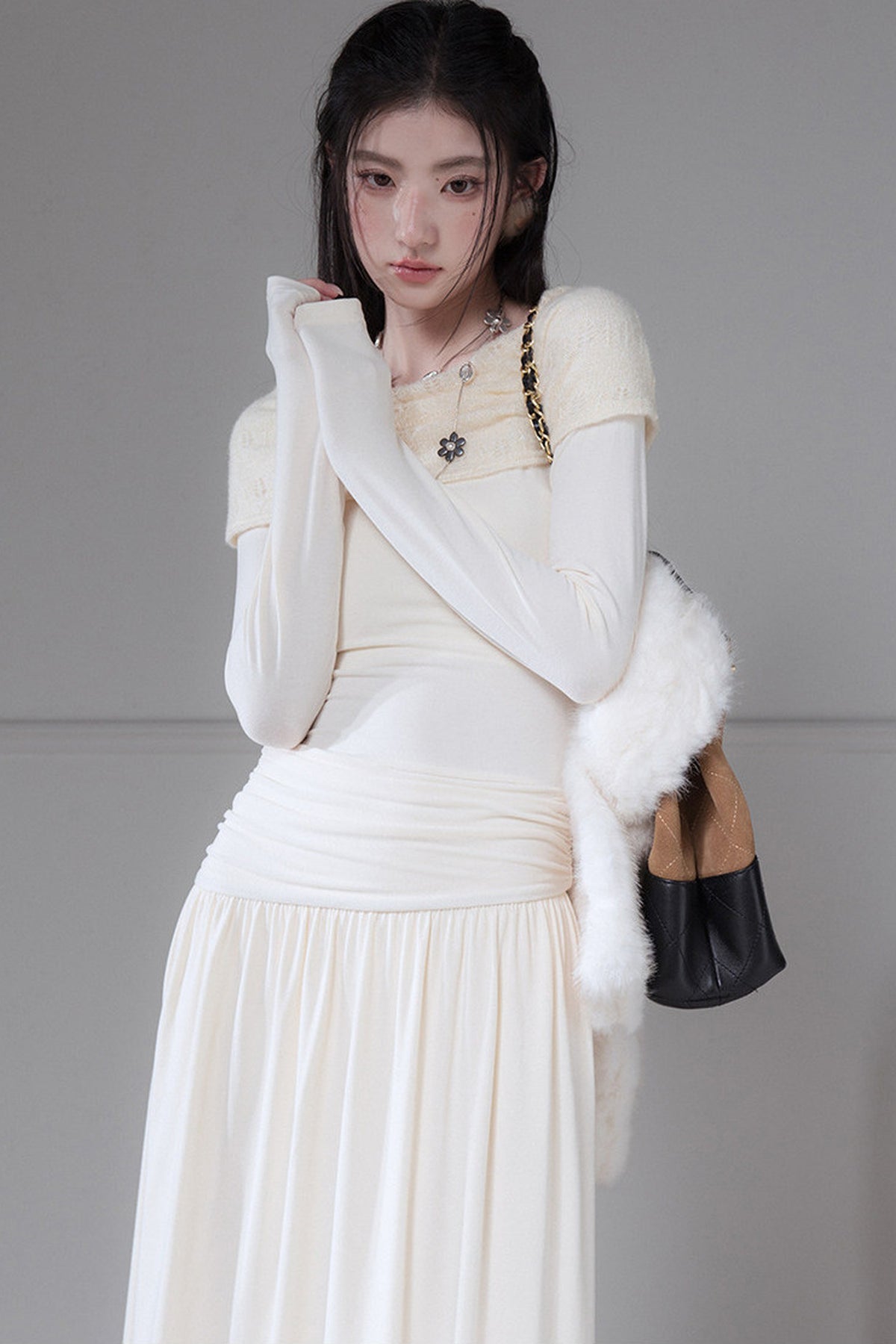 Apricot Off-The-Shoulder Knit Dress