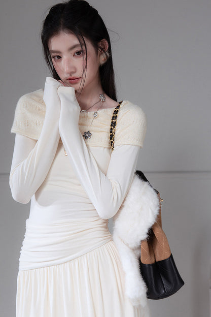 Apricot Off-The-Shoulder Knit Dress