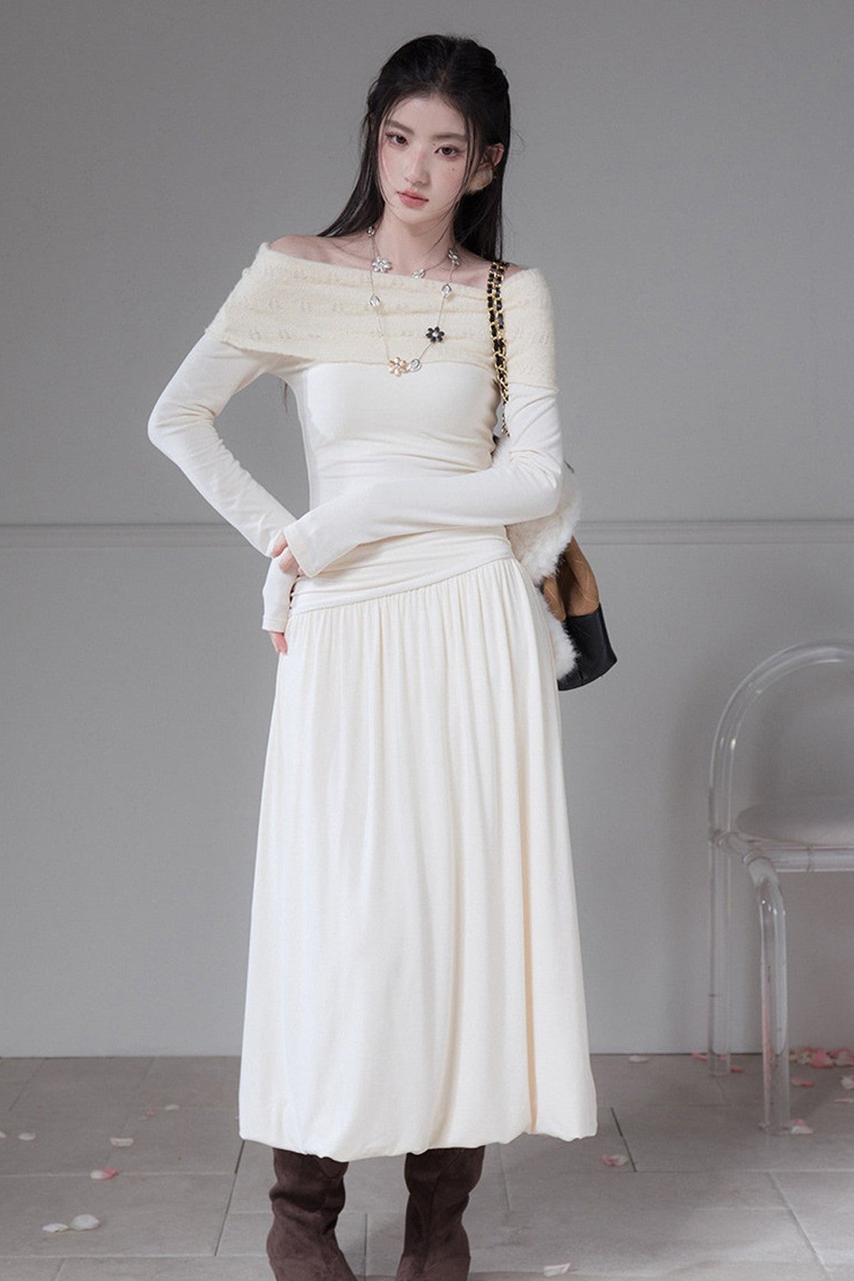 Apricot Off-The-Shoulder Knit Dress