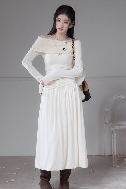 Apricot Off-The-Shoulder Knit Dress