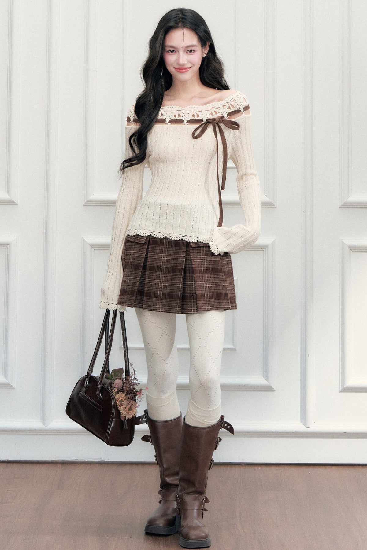 Ribbon Trim Crochet Off-Shoulder Knit Top Set-Up