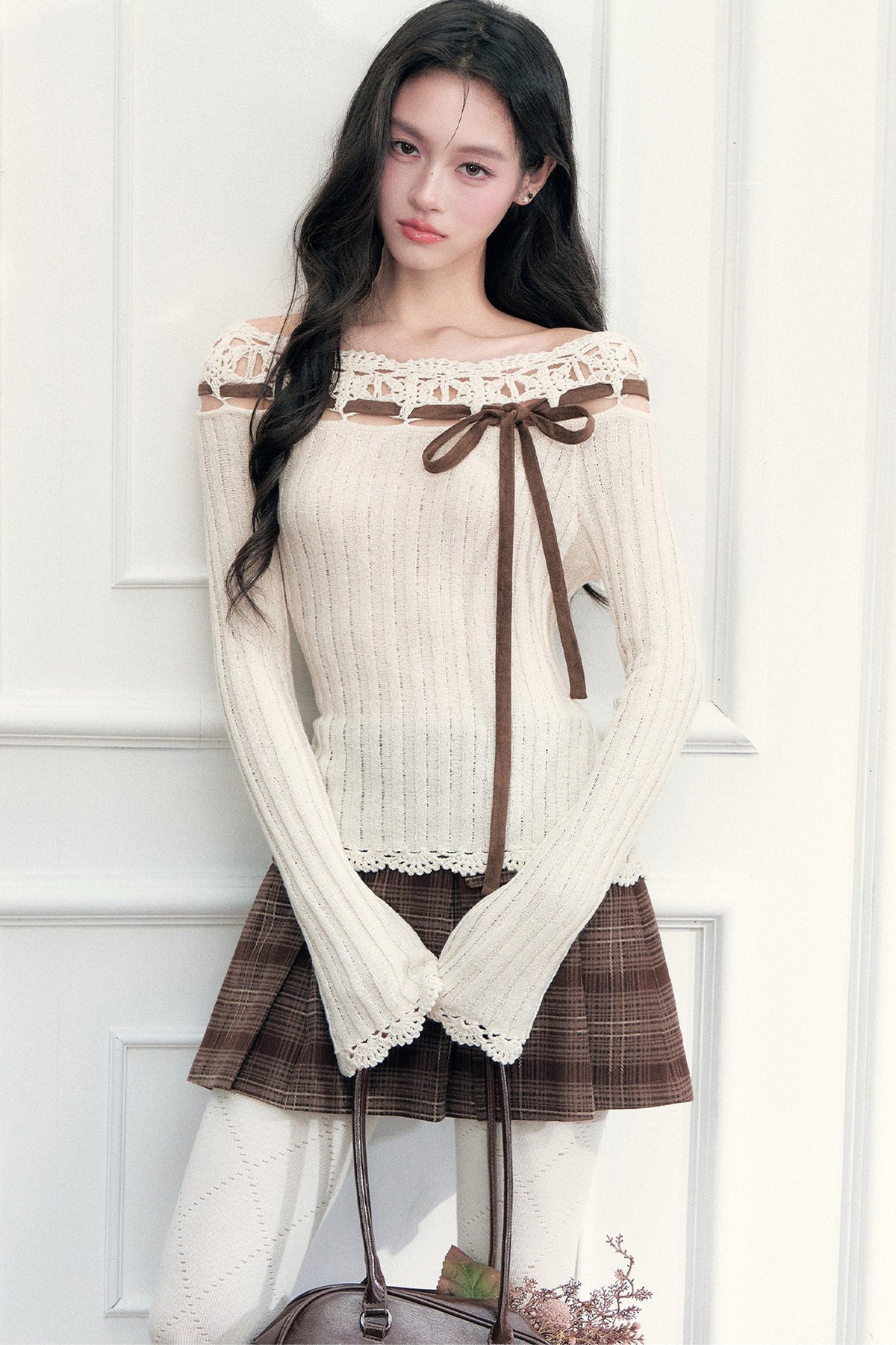 Ribbon Trim Crochet Off-Shoulder Knit Top Set-Up
