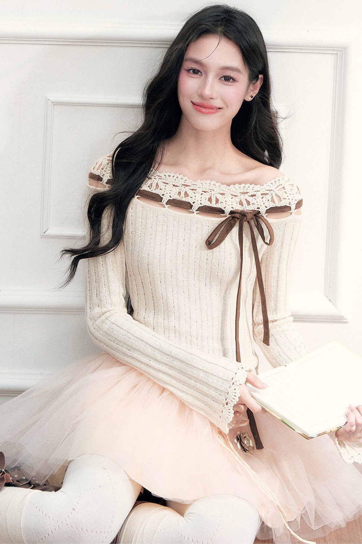 Ribbon Trim Crochet Off-Shoulder Knit Top Set-Up