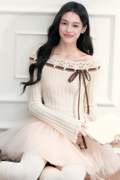 Ribbon Trim Crochet Off-Shoulder Knit Top Set-Up