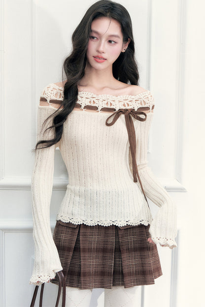 Ribbon Trim Crochet Off-Shoulder Knit Top Set-Up
