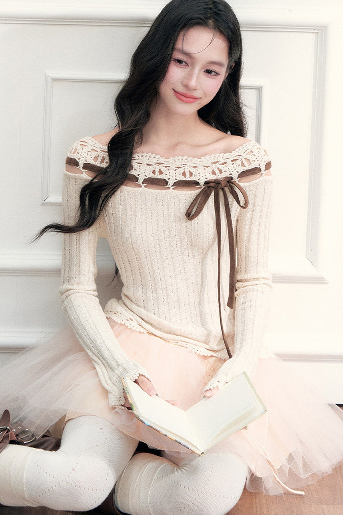 Ribbon Trim Crochet Off-Shoulder Knit Top Set-Up