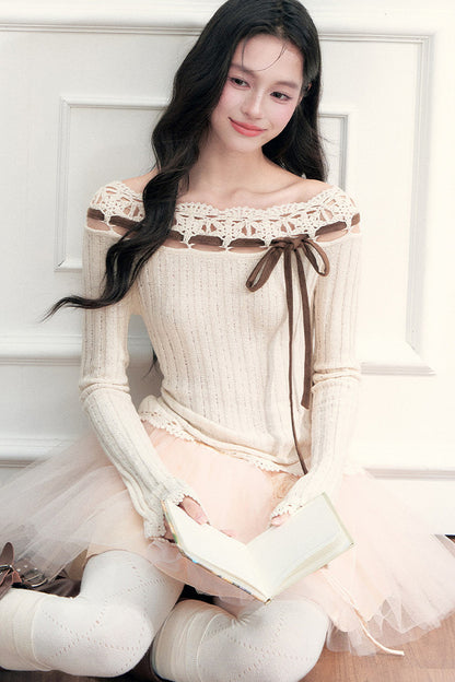 Ribbon Trim Crochet Off-Shoulder Knit Top Set-Up