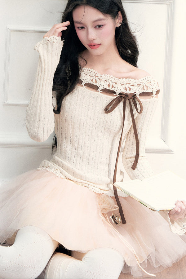 Ribbon Trim Crochet Off-Shoulder Knit Top Set-Up