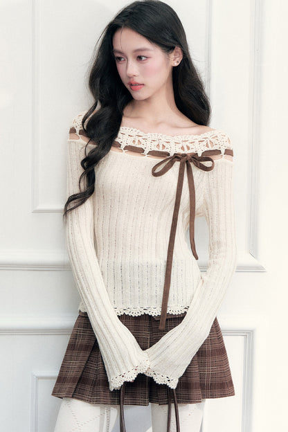 Ribbon Trim Crochet Off-Shoulder Knit Top Set-Up