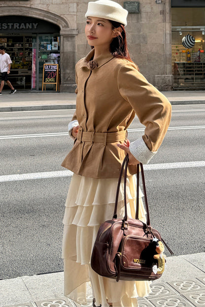 Waist-Cinching Suede Lace Cuffs Jacket