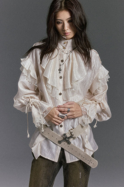 High Collar Ruffle Acetate Shirt