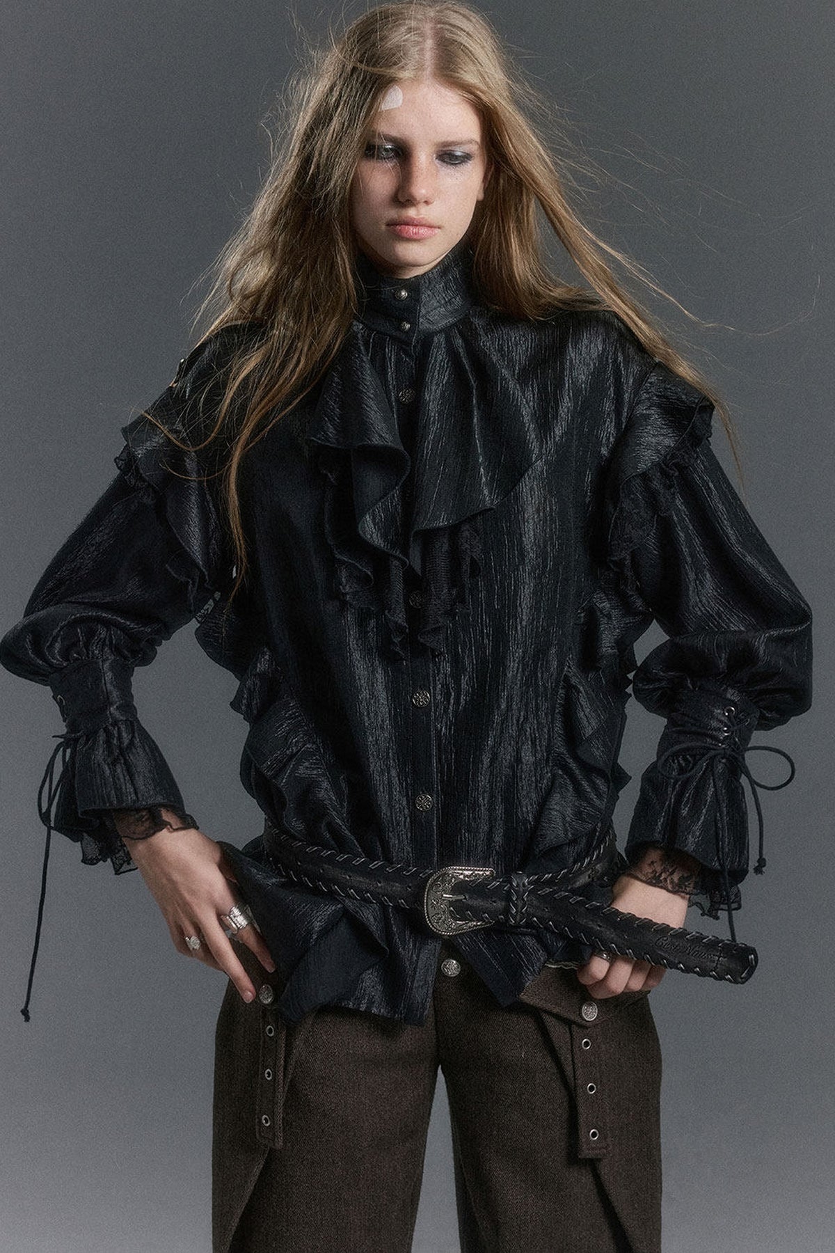 High Collar Ruffle Acetate Shirt