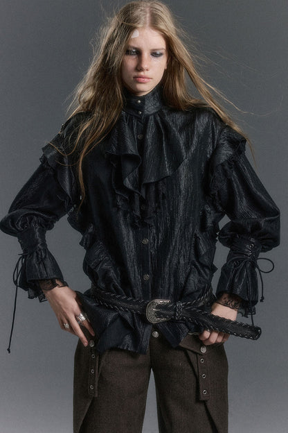High Collar Ruffle Acetate Shirt