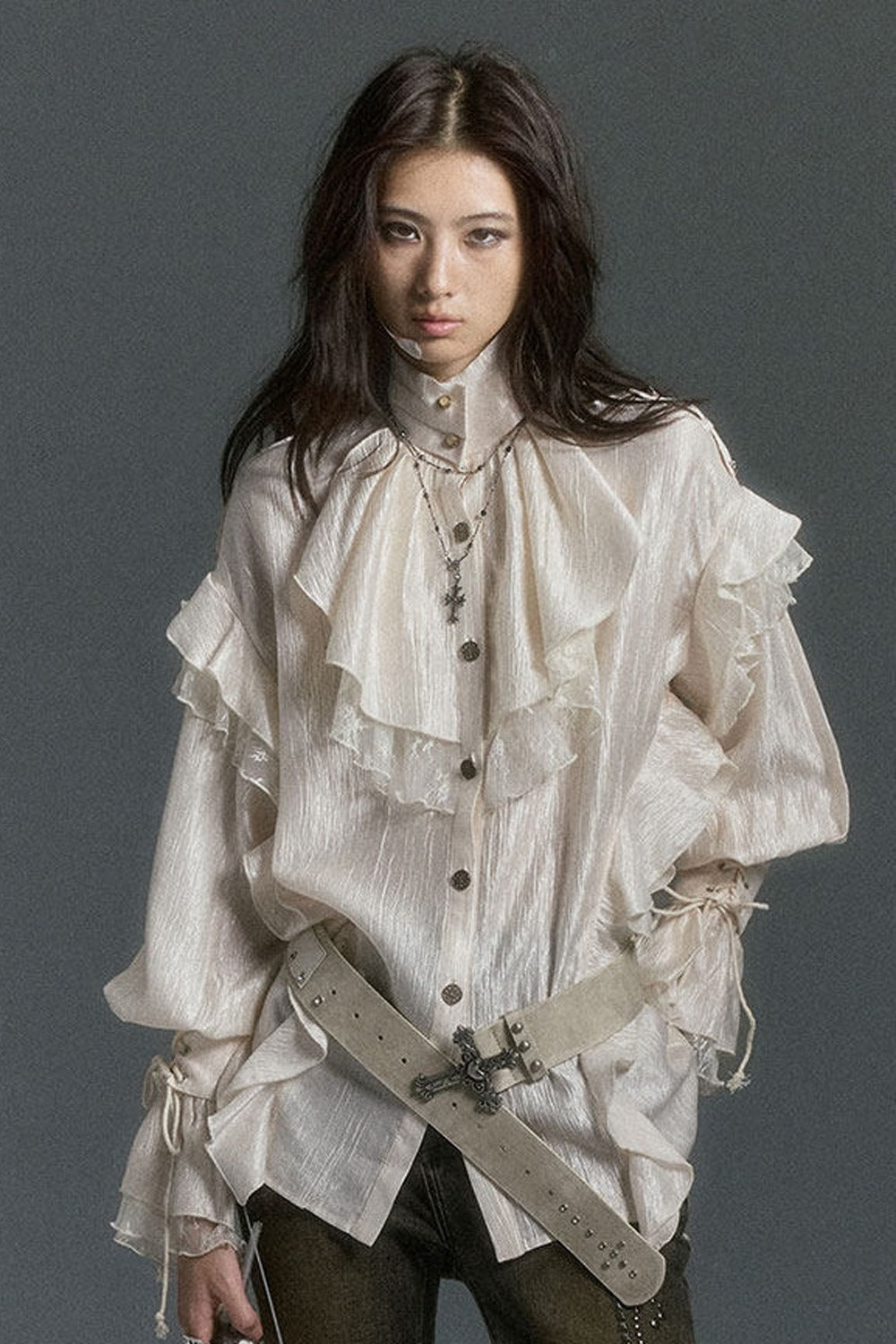 High Collar Ruffle Acetate Shirt