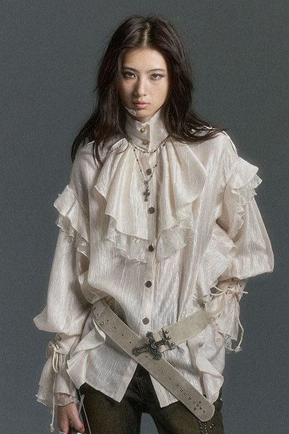 High Collar Ruffle Acetate Shirt