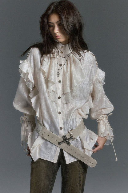 High Collar Ruffle Acetate Shirt