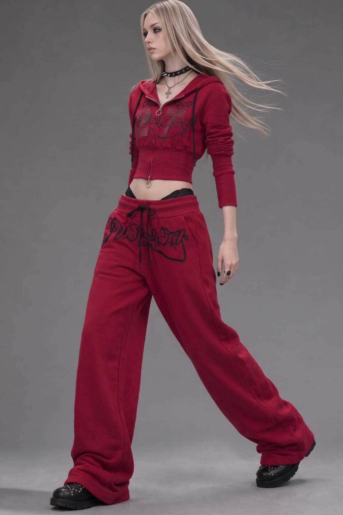 Red Zip-Up Hooded Sweatshirt and Pants Set-Up