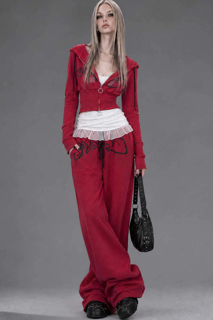 Red Zip-Up Hooded Sweatshirt and Pants Set-Up