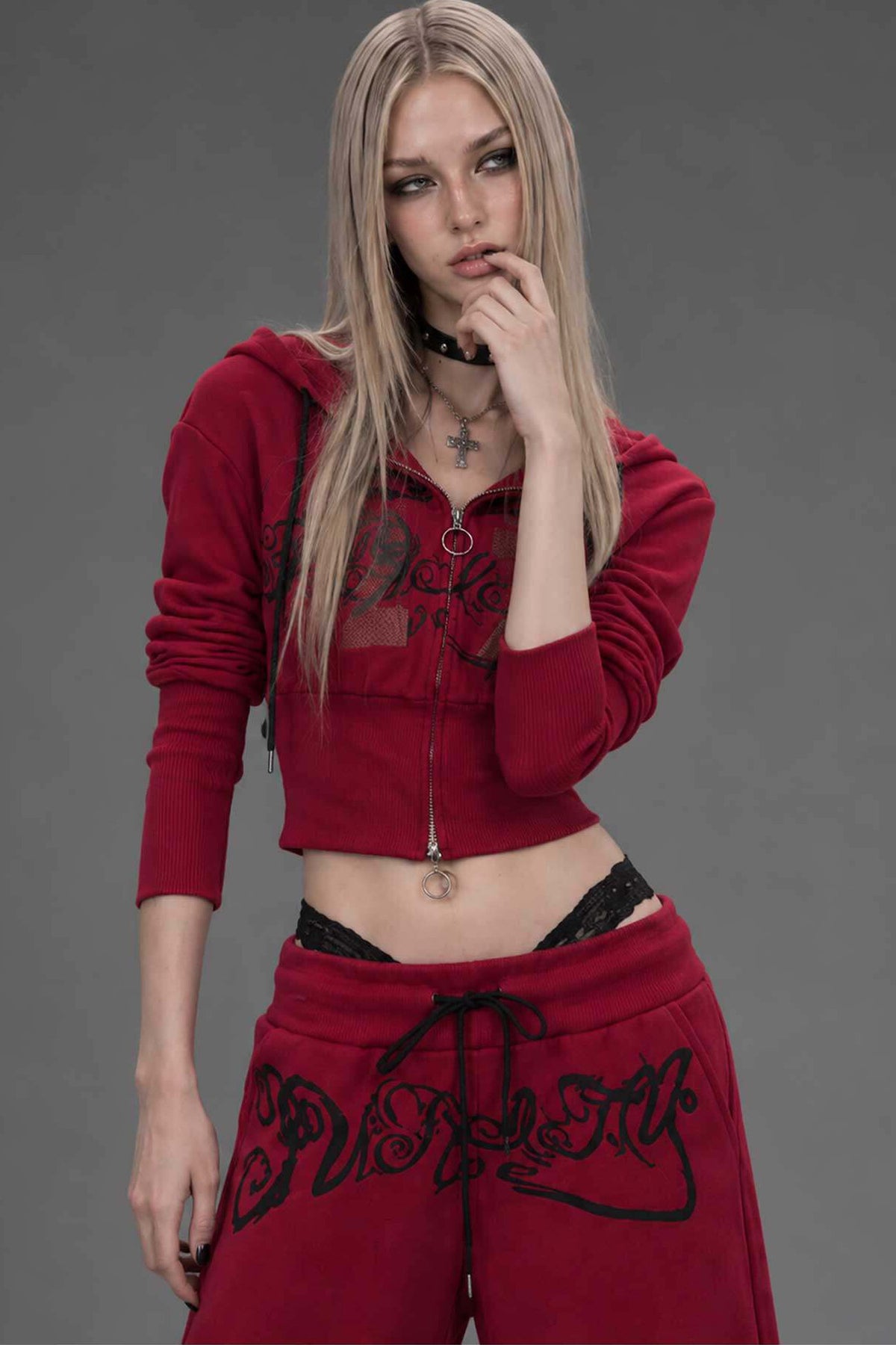 Red Zip-Up Hooded Sweatshirt and Pants Set-Up