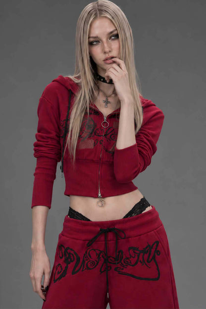 Red Zip-Up Hooded Sweatshirt and Pants Set-Up