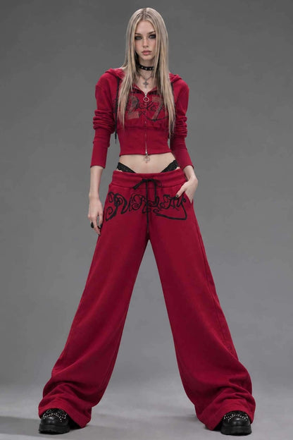 Red Zip-Up Hooded Sweatshirt and Pants Set-Up