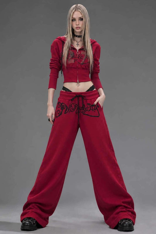 Red Zip-Up Hooded Sweatshirt and Pants Set-Up