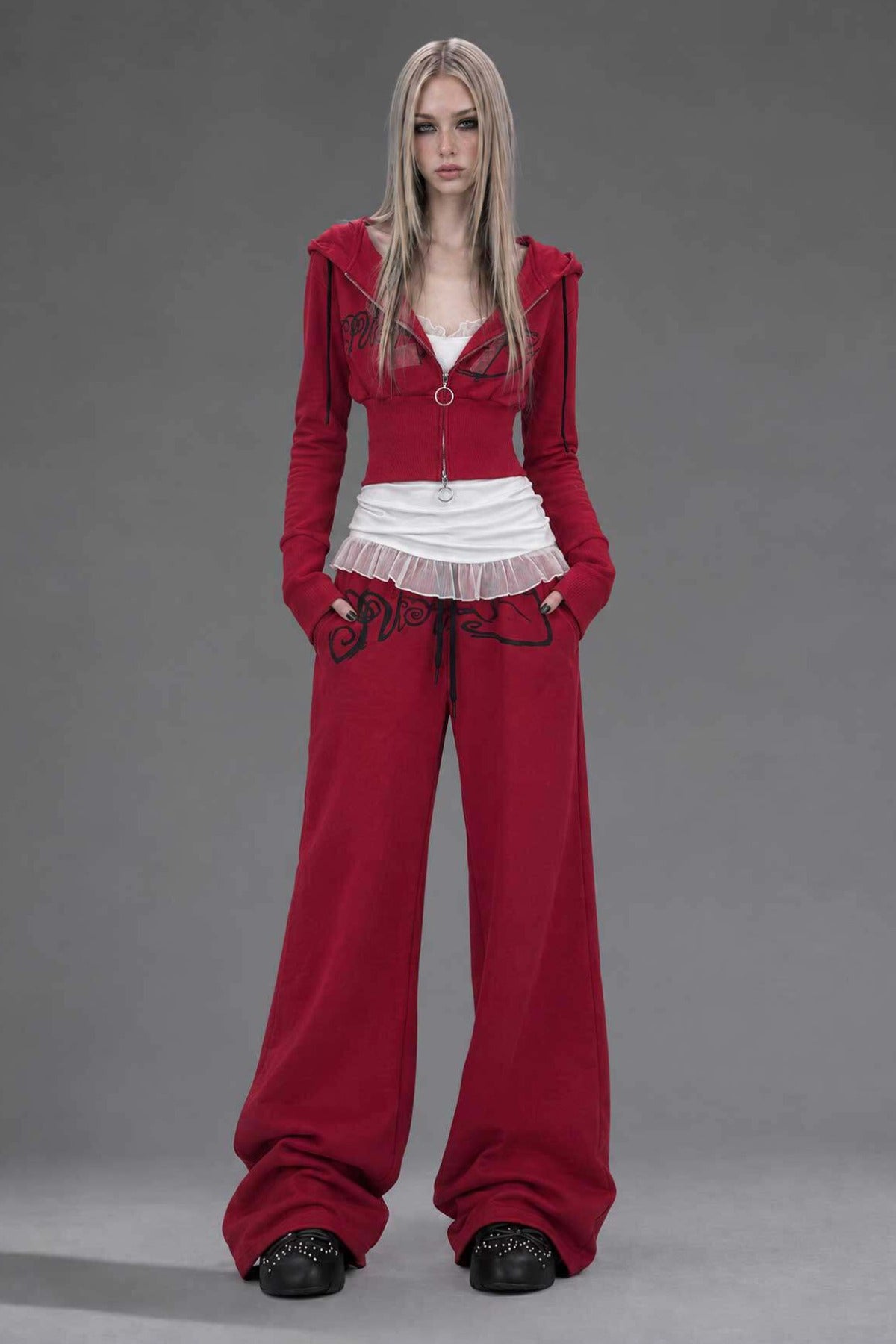 Red Zip-Up Hooded Sweatshirt and Pants Set-Up