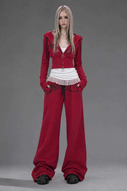 Red Zip-Up Hooded Sweatshirt and Pants Set-Up