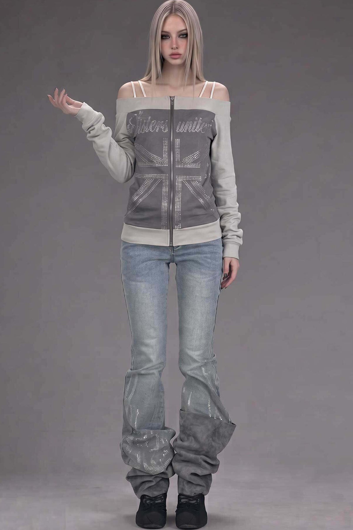 Low-Waisted Rhinestone Flared Jeans
