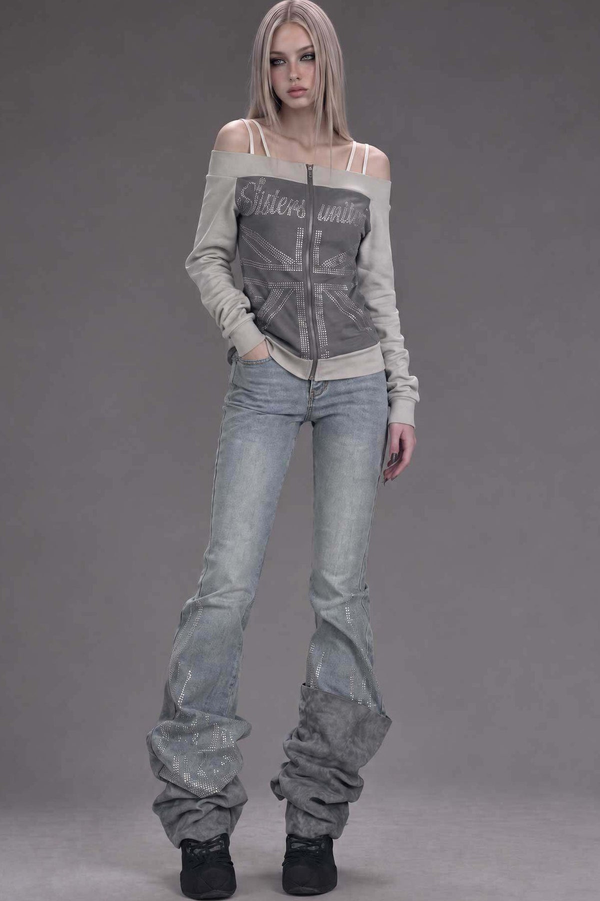 Low-Waisted Rhinestone Flared Jeans