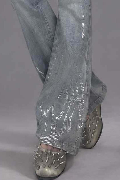 Low-Waisted Rhinestone Flared Jeans