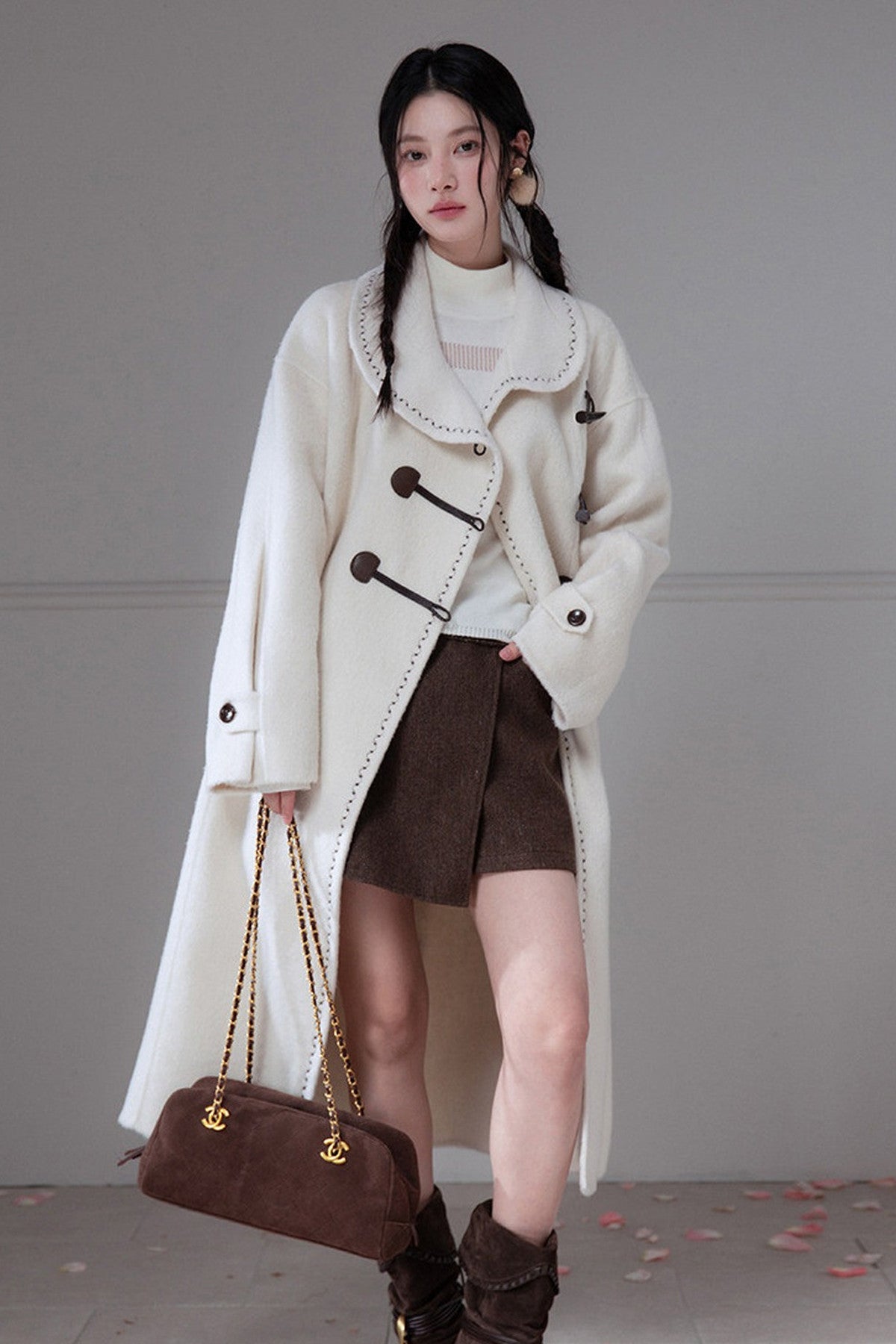 Flowing Embroidered Double-Faced Wool Rabbit Fur Coat