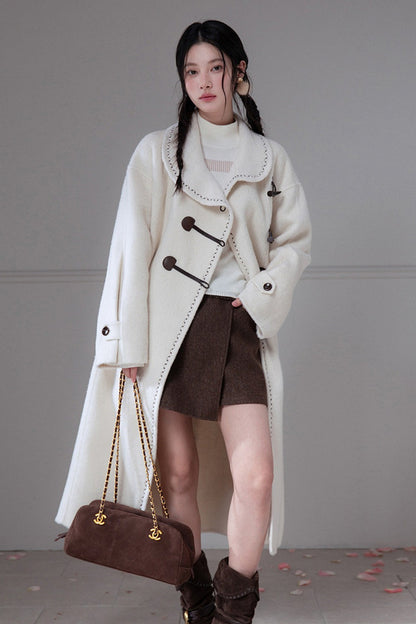 Flowing Embroidered Double-Faced Wool Rabbit Fur Coat