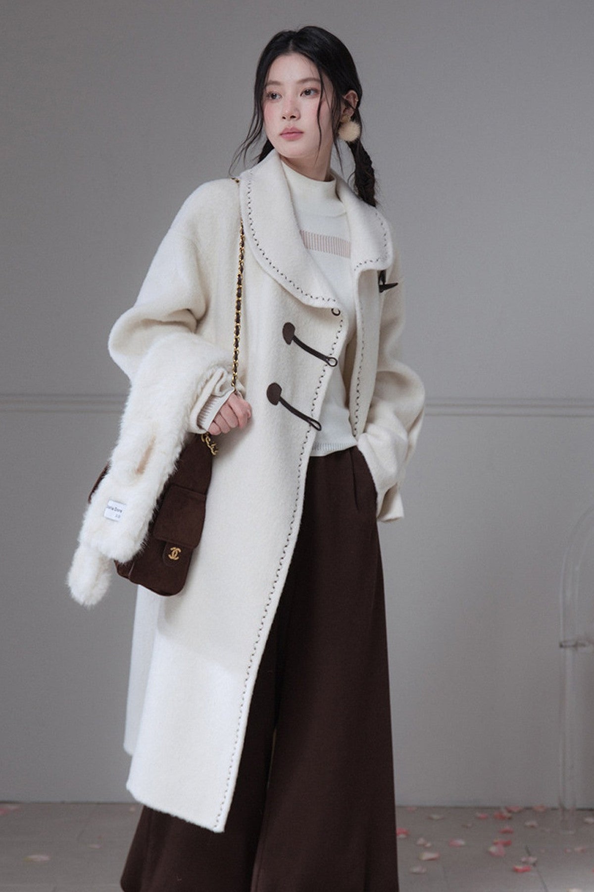Flowing Embroidered Double-Faced Wool Rabbit Fur Coat