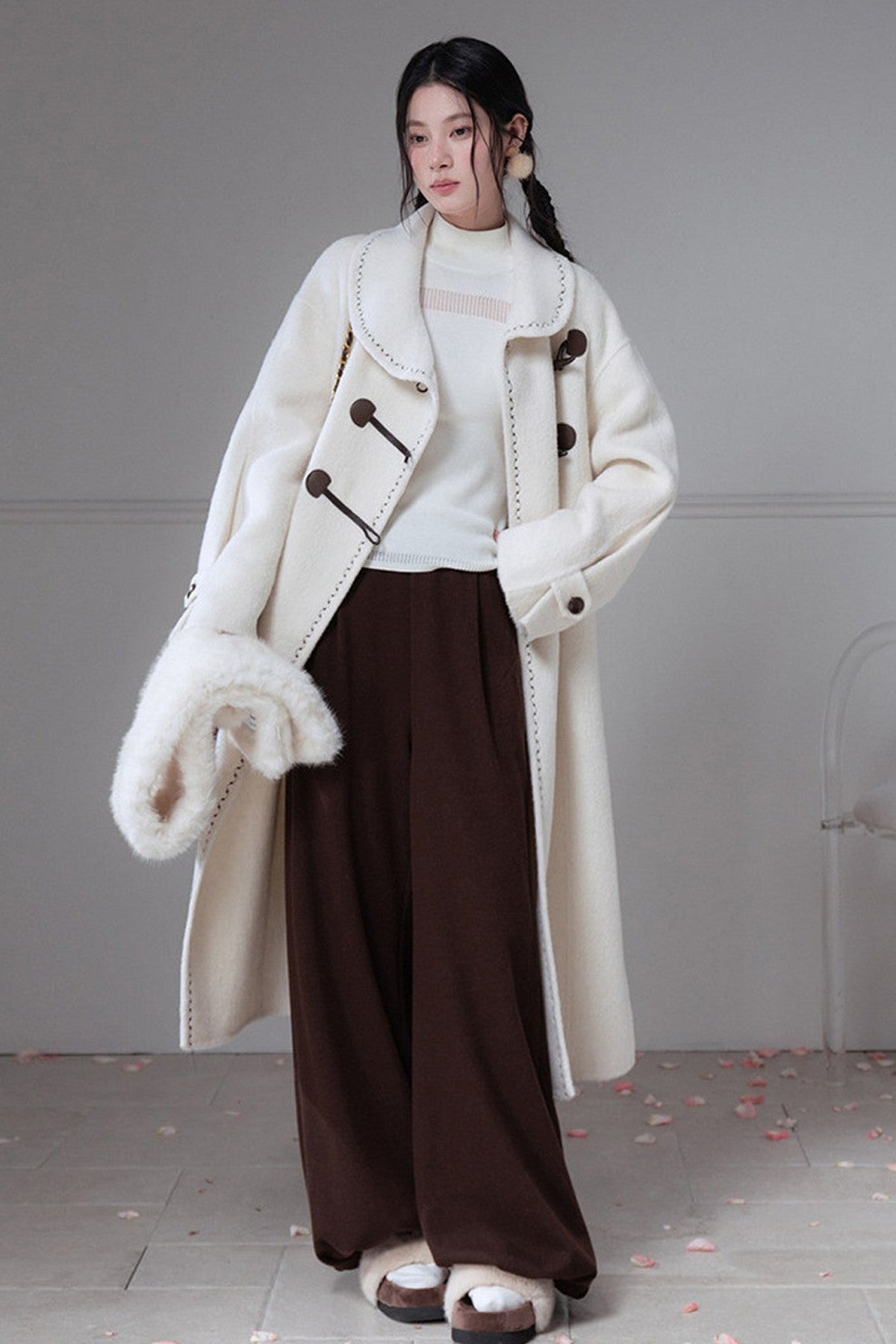 Flowing Embroidered Double-Faced Wool Rabbit Fur Coat